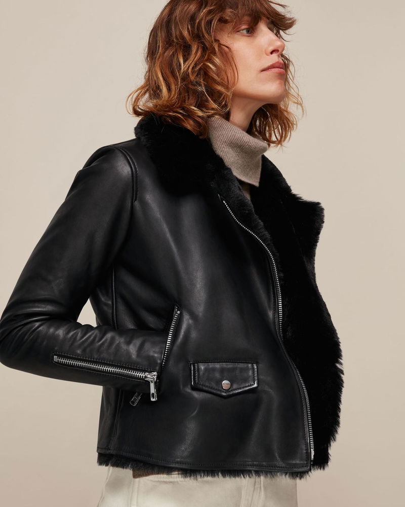 Whistles Agnes Leather Biker Jacket, Dark Green at John Lewis