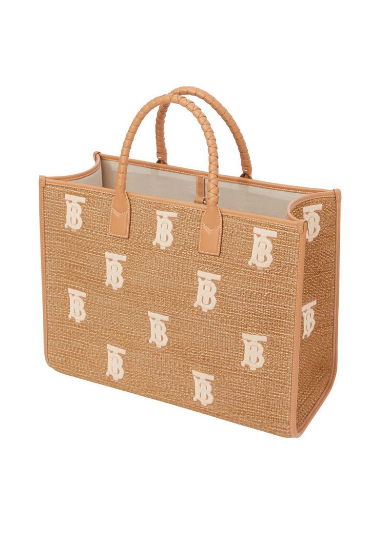 Burberry Freya Mini Raffia Effect Monogram Tote