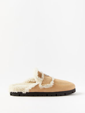 Staud Gina Shearling-lined Suede Slippers In Black