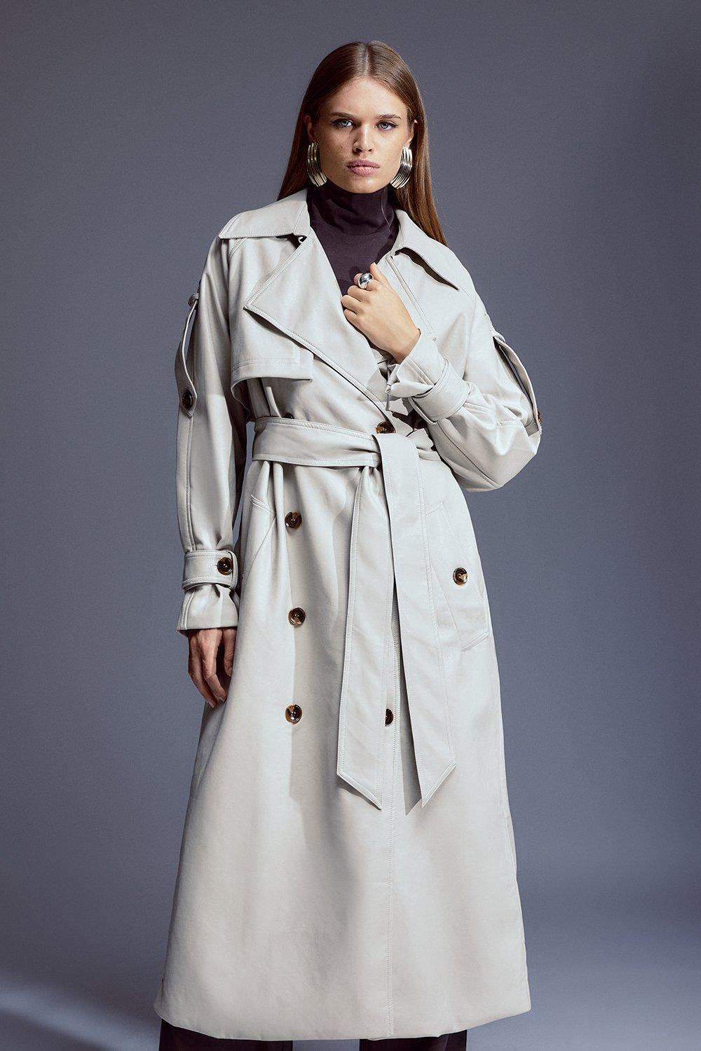 KAREN MILLEN Pu Tailored Belted Storm Flap Trench Coat | Endource